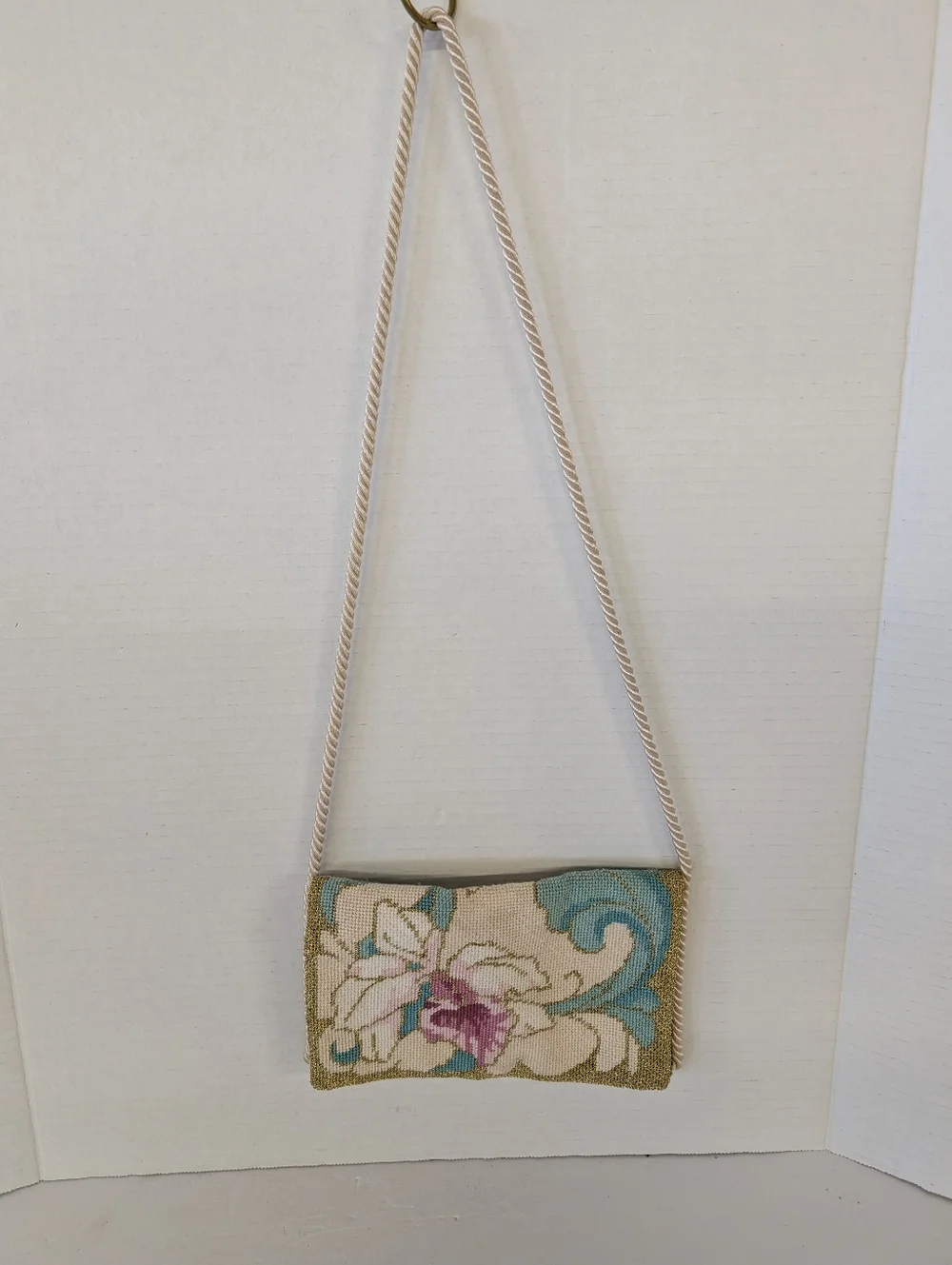 Crossbody Bag in Cream, Teal & Pink Hand Crafted.